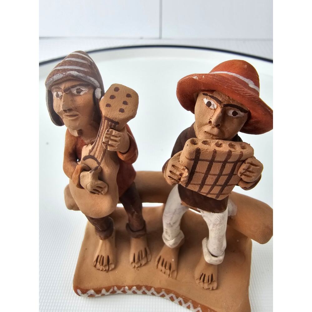 Vintage Peruvian Handmade Clay Figurine Guitar and‎ Flute Players